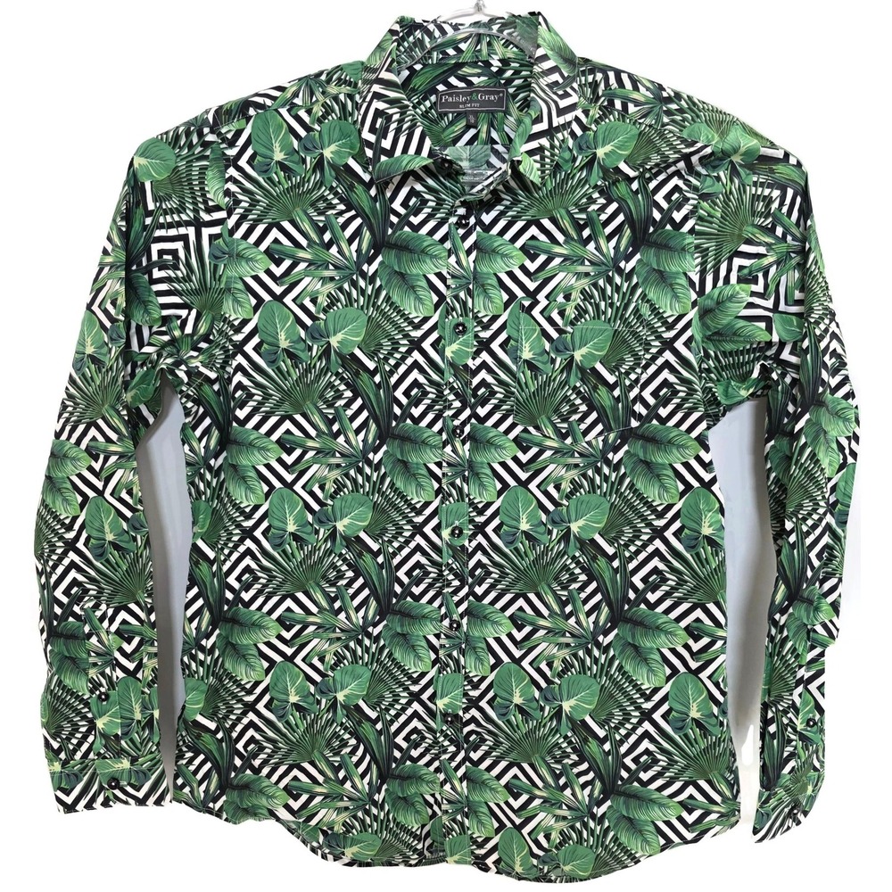 Paisley & Gray Shirt Mens XL‎ 18 Green Tropical Leaf Slim Fit Stretch Print